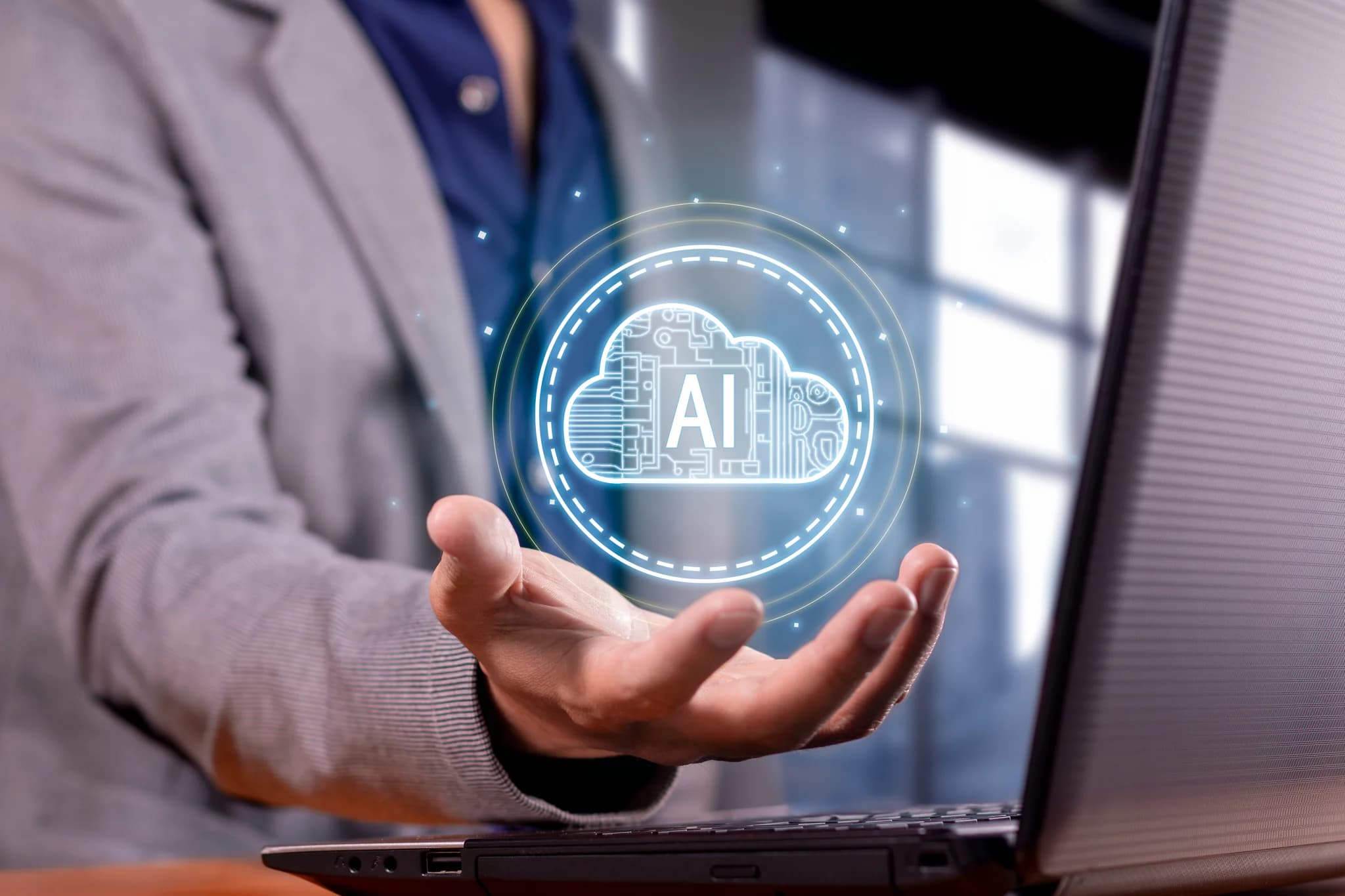 Concept AI proiectat peste un laptop