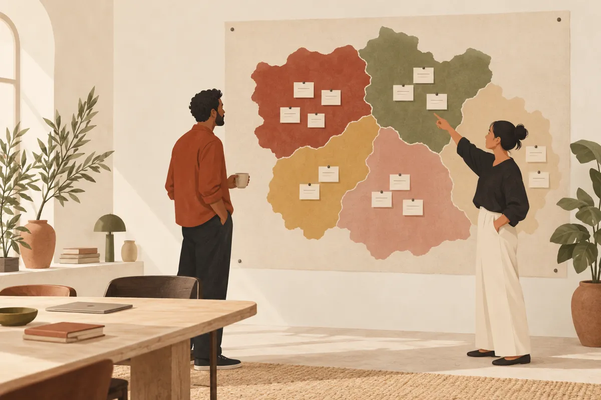 An owner and a colleague in front of a map of five coloured zones, each with small work cards