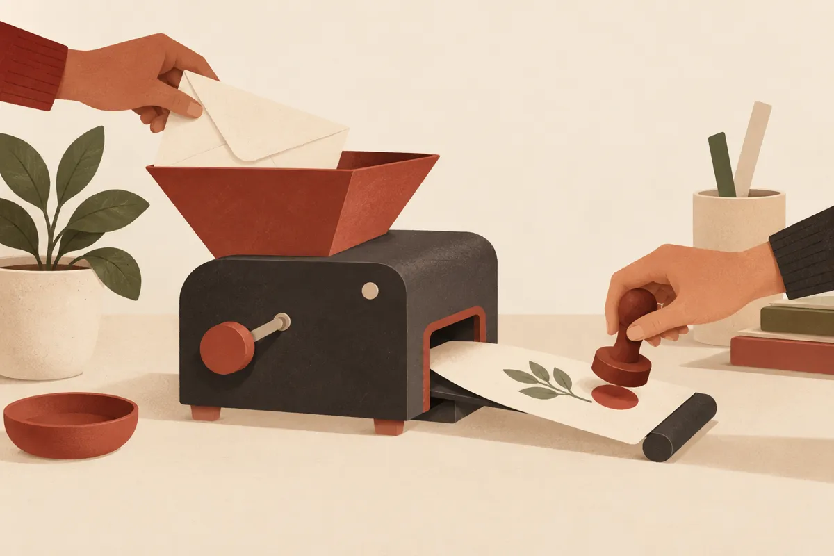 A simple flow: a letter goes into a funnel, a prepared card comes out, and a hand approves it