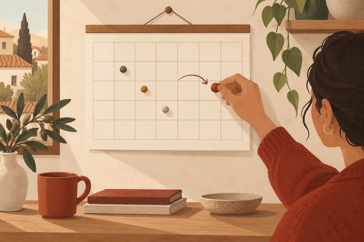 Un calendar cu patru marcaje de dată, iar unul dintre ele e mutat cu o mică săgeată