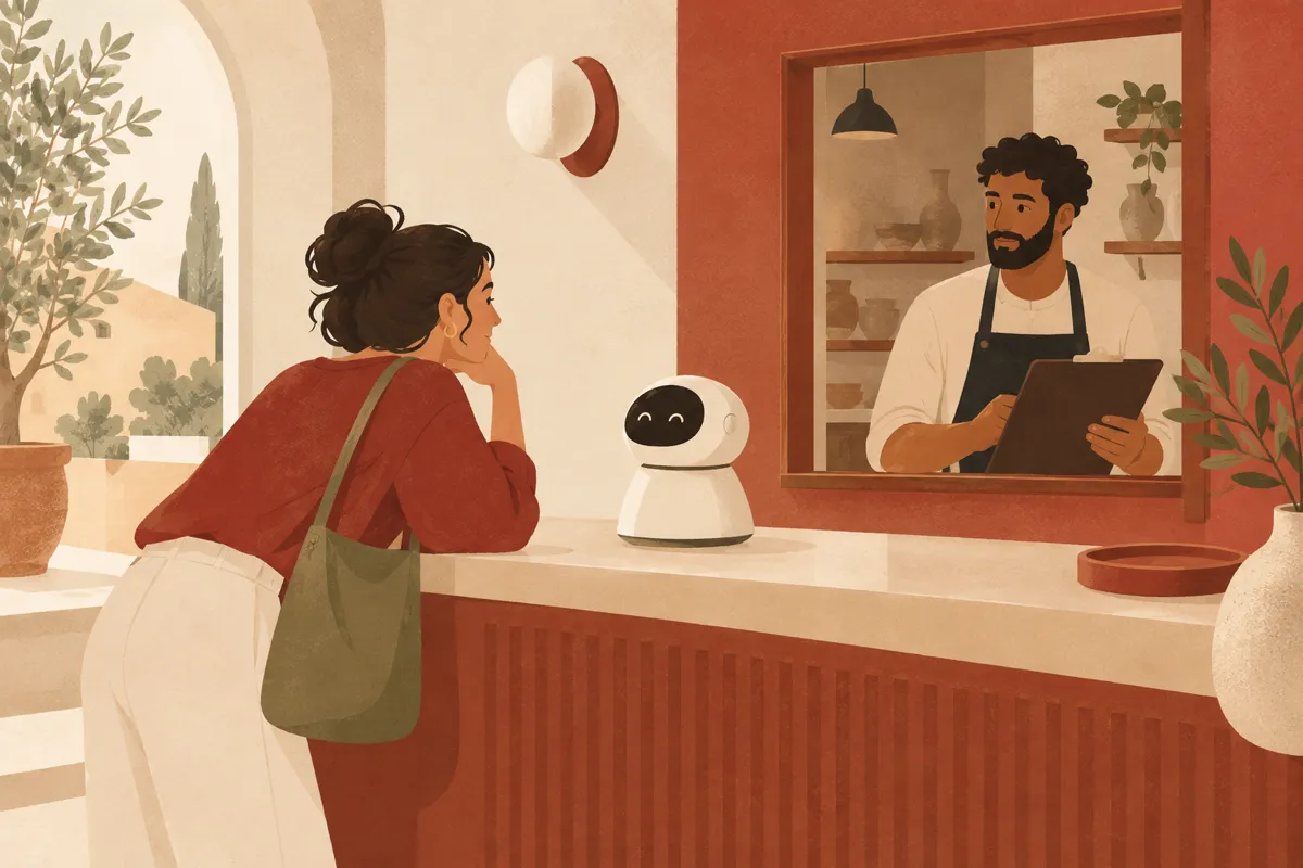 A customer at a counter talking to an assistant, with an attentive person behind the counter following the conversation