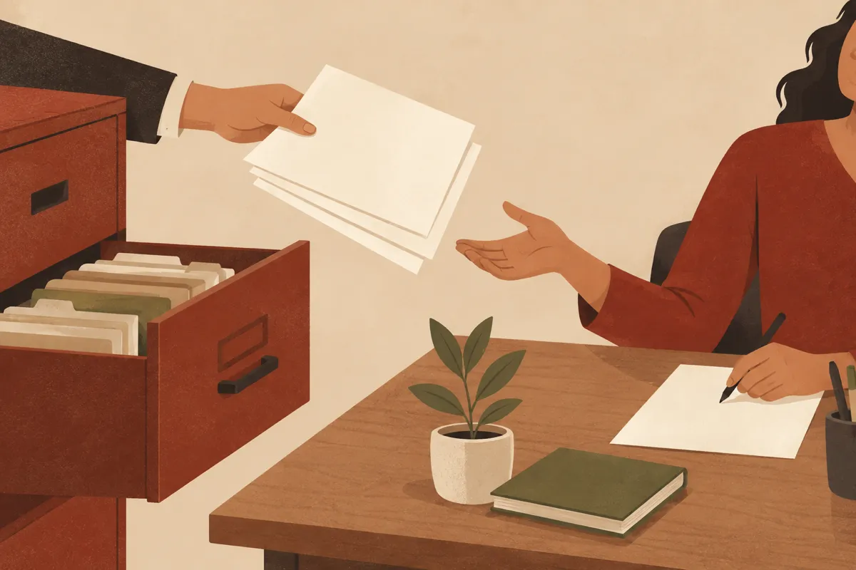 A librarian pulls three sheets from a cabinet and hands them to a writer who composes the answer