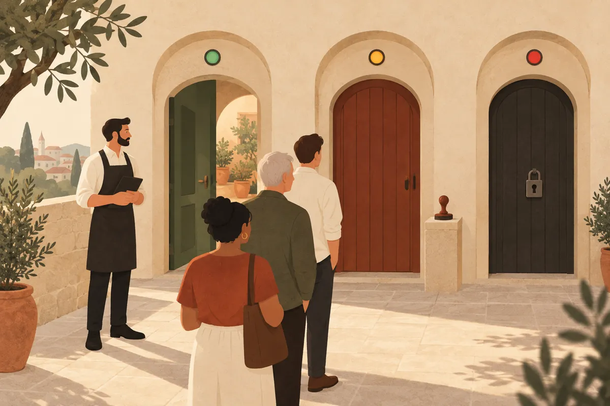 A gate with a gatekeeper: some tools have a green light, others ask for approval, one is closed
