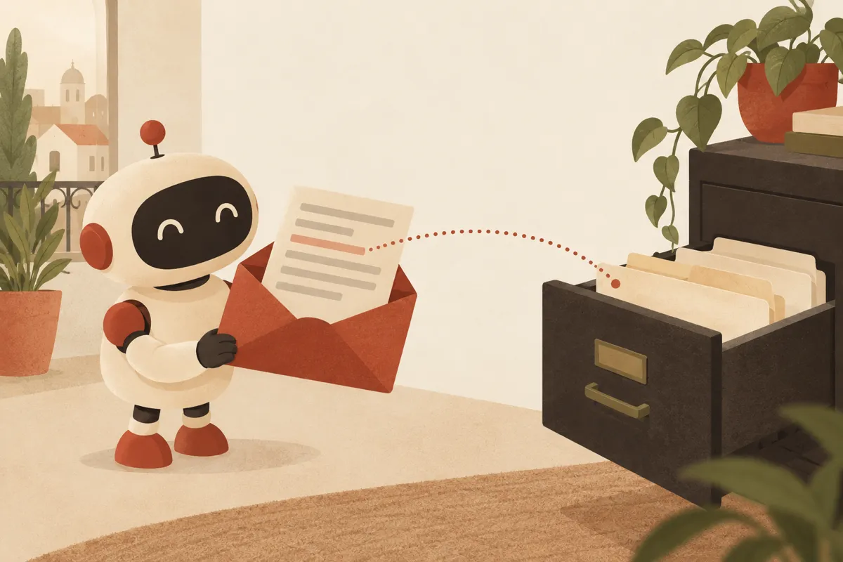 Un asistent robotic stilizat citește un e-mail în care un rând ascuns arată spre un sertar cu documente