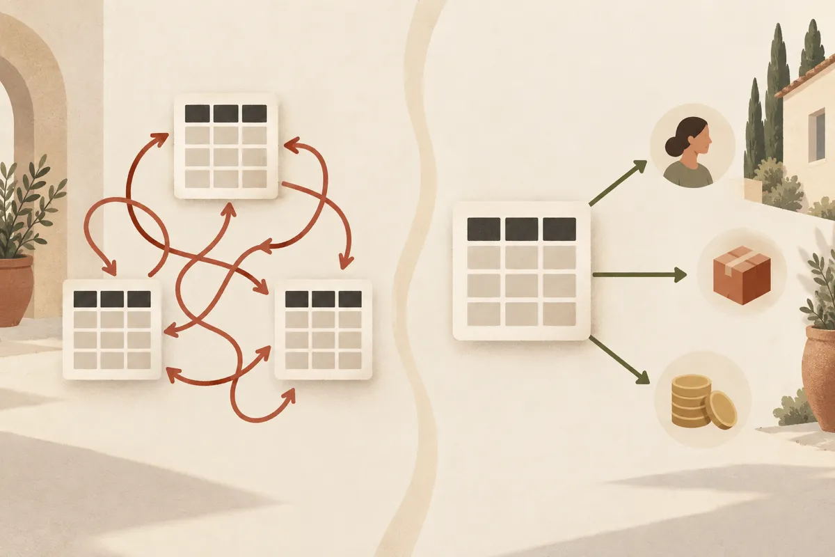 Three identical spreadsheets linked by tangled arrows, next to a single central record with tidy arrows