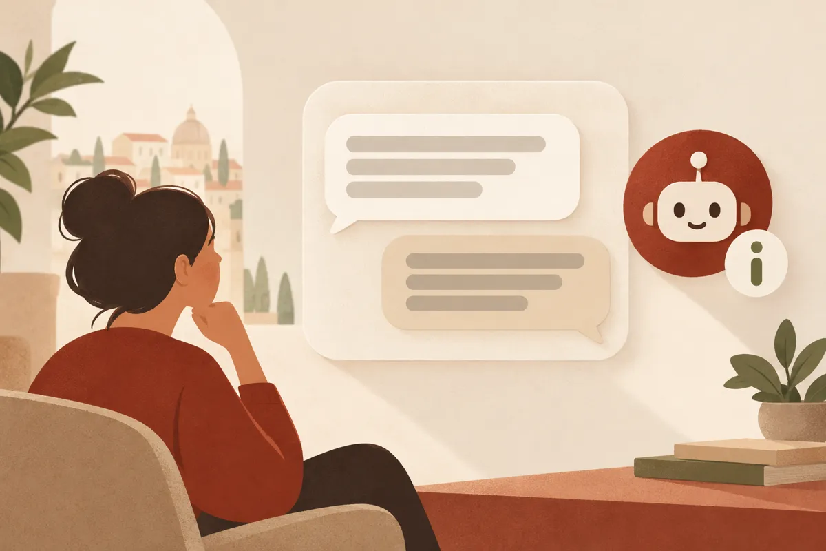 Un chatbot de site cu o etichetă simplă de informare lângă fereastra de conversație