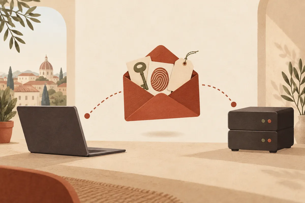 An envelope with three small objects inside: a key, a fingerprint and a tag, travelling from a Mac to a server