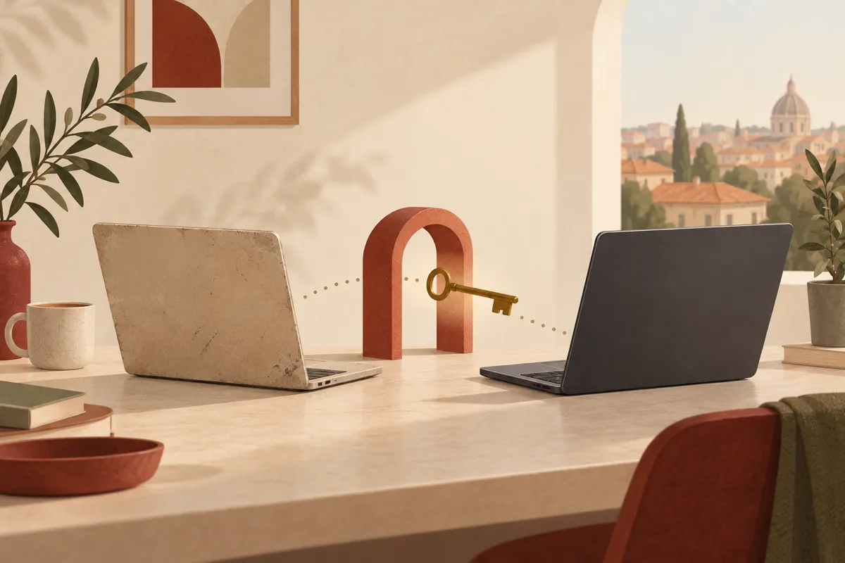 Two Macs side by side, a key passing from the old one to the new one through a small doorway