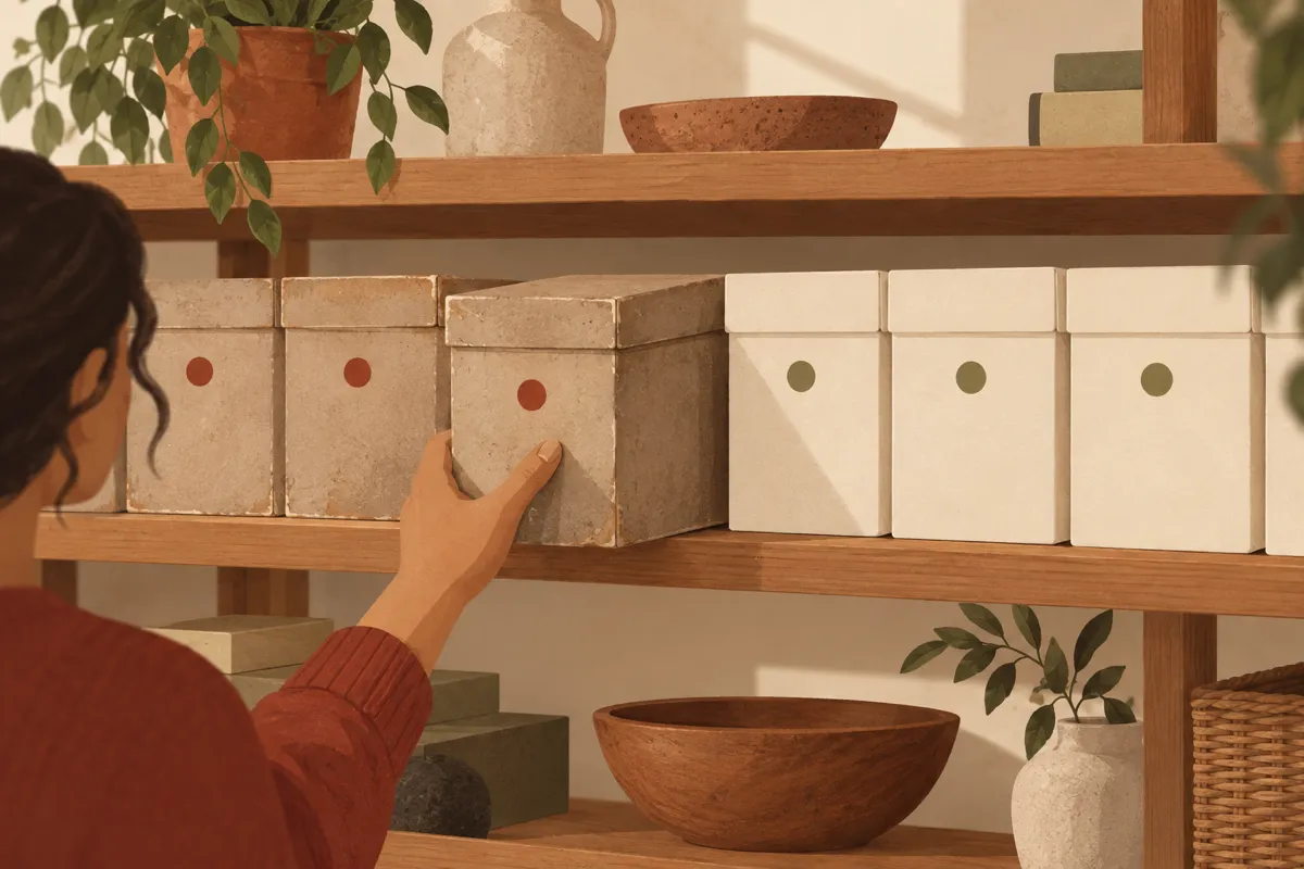 A shelf of boxes labelled only by colour, some fresh and green, others old and dusty