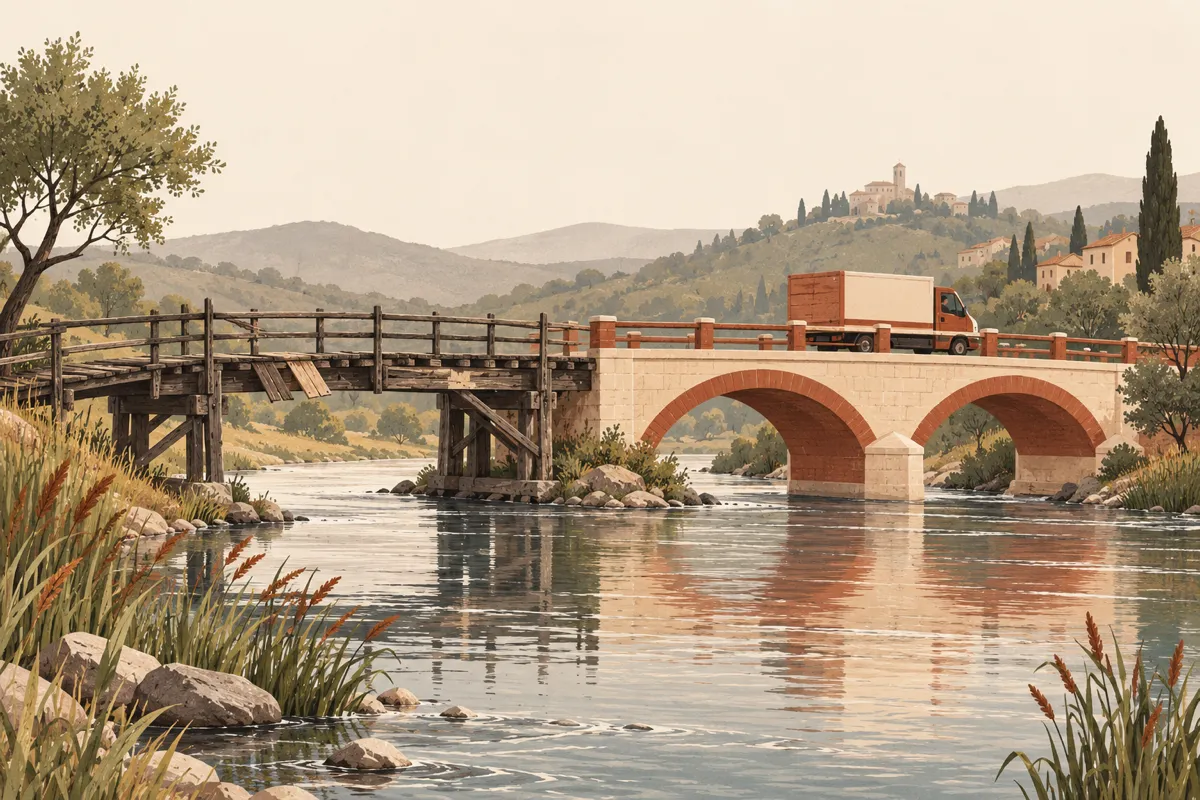 Two bridges over a river: an old patched one, and a new one beside it that a small lorry is already crossing